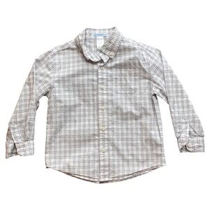 Janie and Jack Boys White Navy Pink Plaid Button Down Shirt Size 4 Long Sleeve